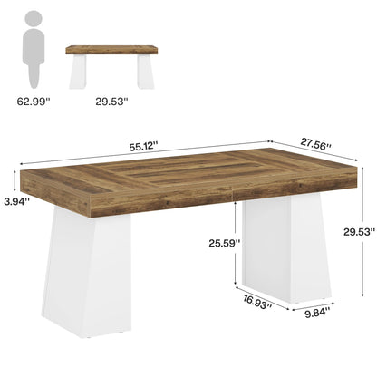 Tribesigns 55" Executive Desk, Wooden Office Desk with Double Pedestal, Modern Simple Computer Writing Table for Home Office, Brown & White