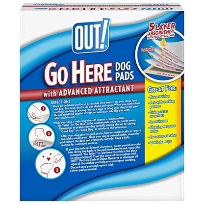 OUT! Go Here Absorbent Pet and Puppy Training Pads 100 Disposable Pads. 53 x 55cm. 5 layer leak-proof odour-control non-slip |100 Pads