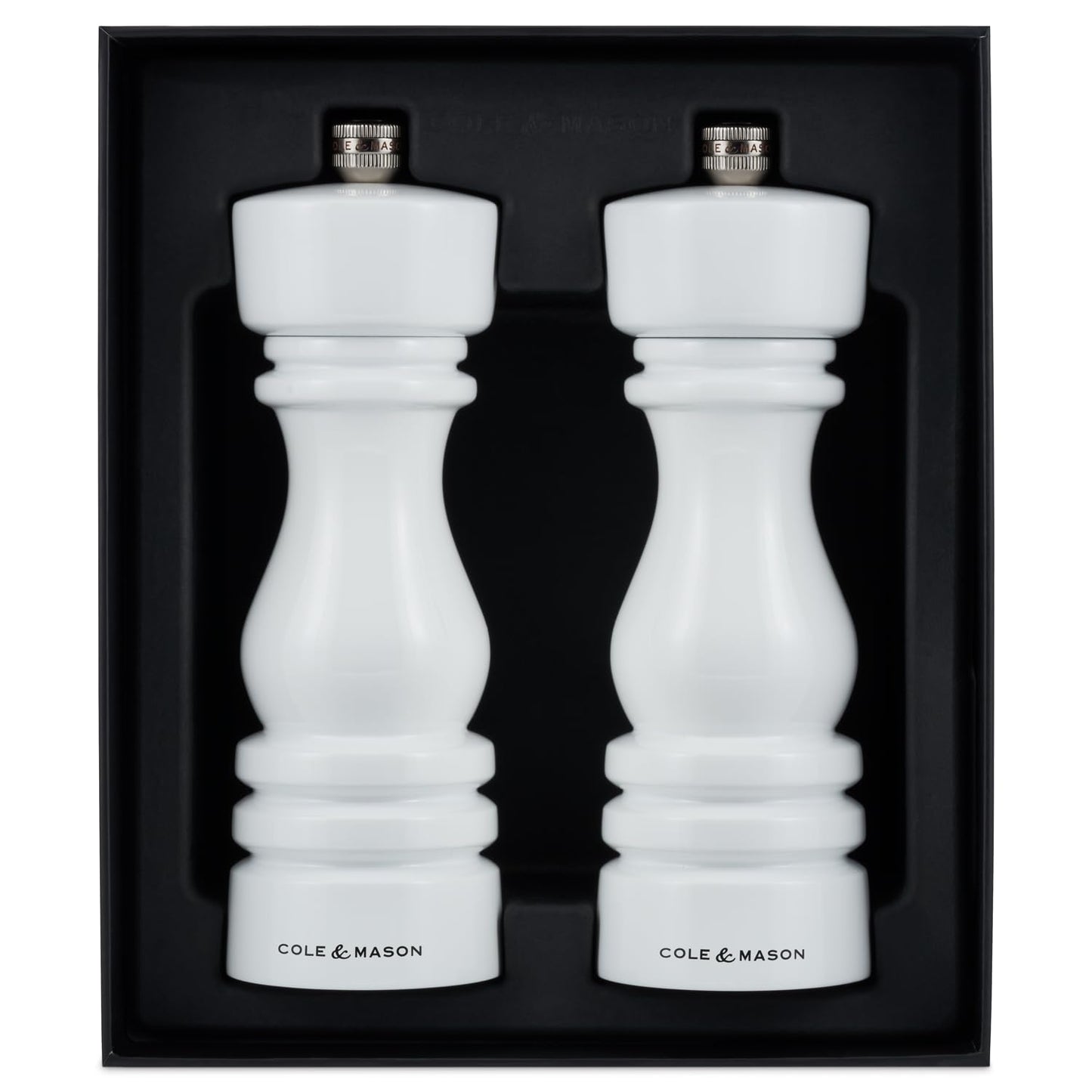 Cole & Mason H233095 London White Gloss Salt and Pepper Mill Set, Precision+ Carbon/Ceramic Mechanisms, Salt and Pepper Grinders with Adjustable Grind, Beech Wood, 180mm, Gift Set