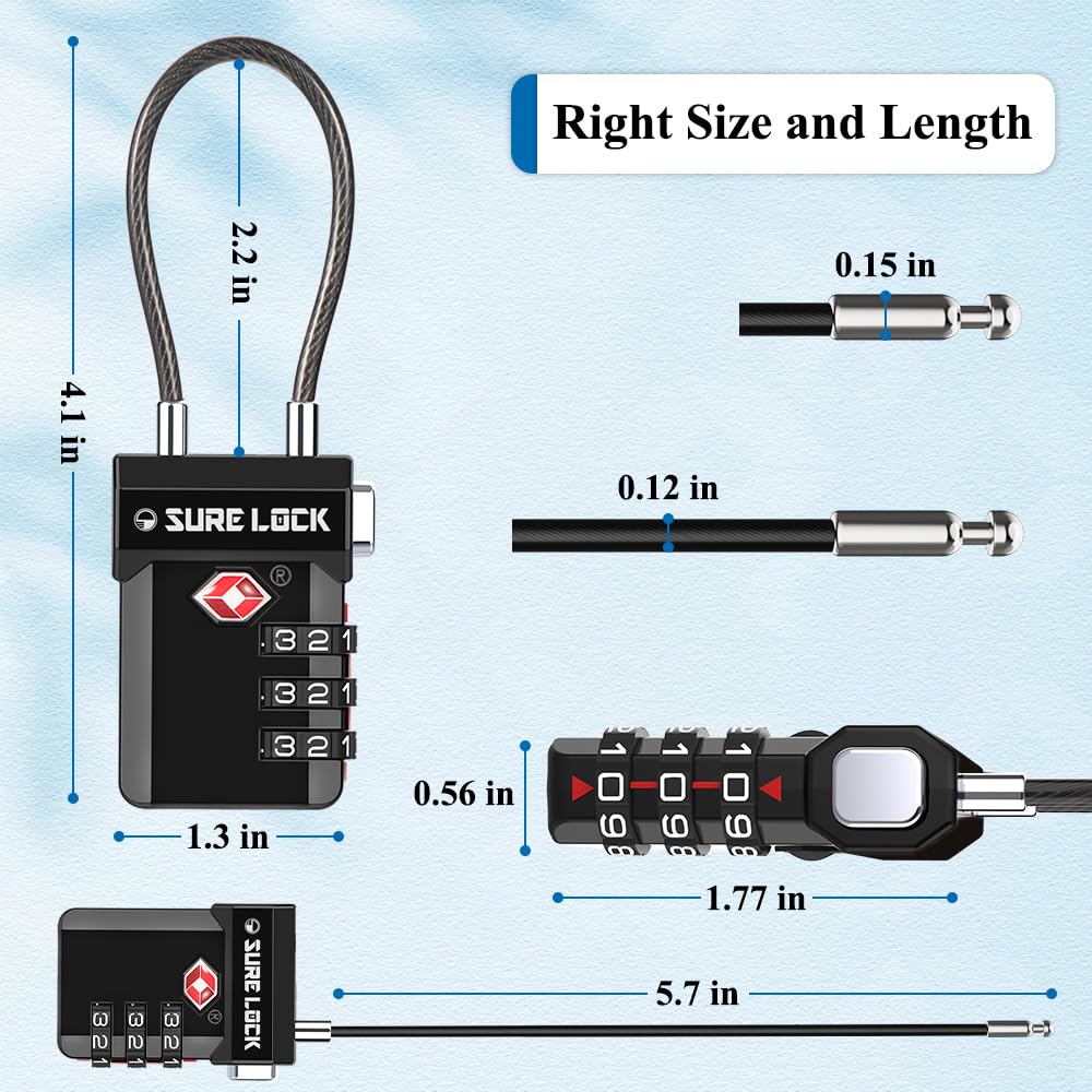 SURE LOCK TSA Approved 3-Digit Combination Luggage Locks – Open Alert Indicator, Re-settable Code with Zinc Alloy Body, Easy-Read Dials for Suitcase, Backpack, Gym Locker & Toolbox(Black 1 Pack)