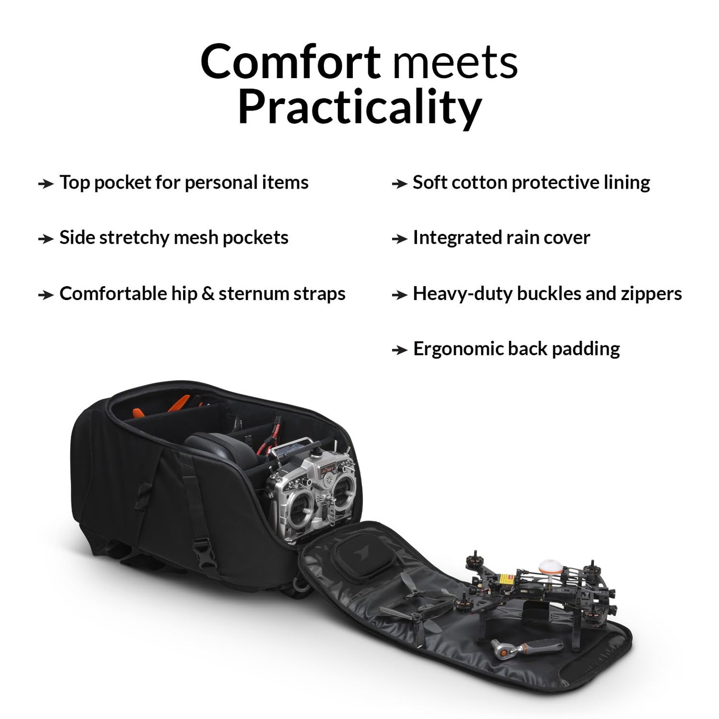 Torvol Quad PITSTOP Backpack Stealth Edition, Compact FPV Drone Backpack for 2 Drones, Fits DJI Mini 3, Mini 4 Pro, DJI Neo, with Laptop Compartment, Waterproof Rain Cover, Black, 26L