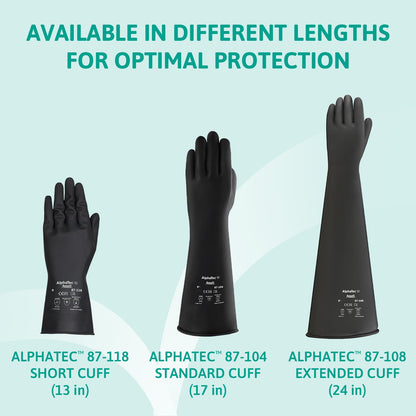 Ansell AlphaTec 87-108 Chemical Resistant Gloves in Latex with Long Cuff (61cm/24in), Heavy Duty Protection against Acids and Solvents, Reusable Rubber Latex Gloves, Black, Size L (1 Pair)