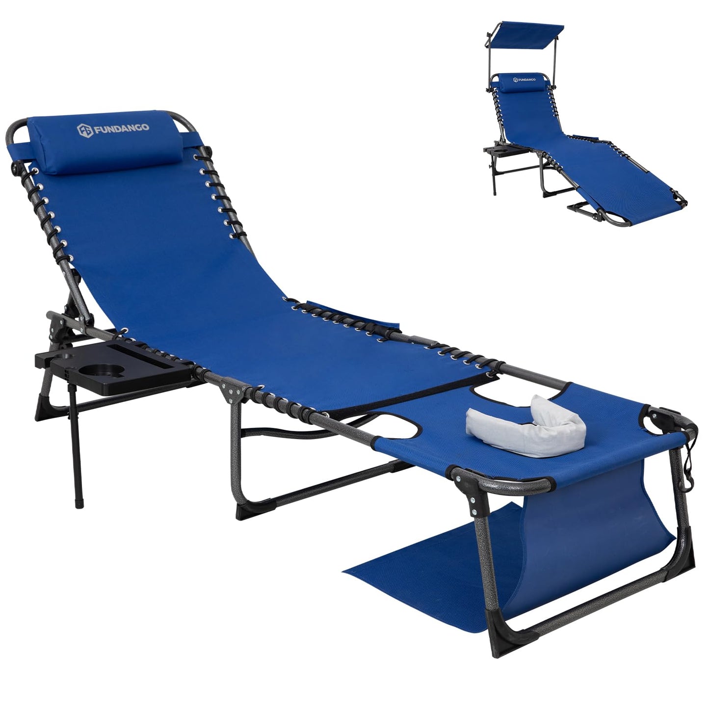 FUNDANGO 4 in 1 Tanning Chair with Face Hole, Beach Lounge Chair with Canopy Shade & Side Table Chaise Lounge Chairs for Patio, Pool, Lawn, Sunbathing, 5-Position Adjustable Sun Lounger, Blue