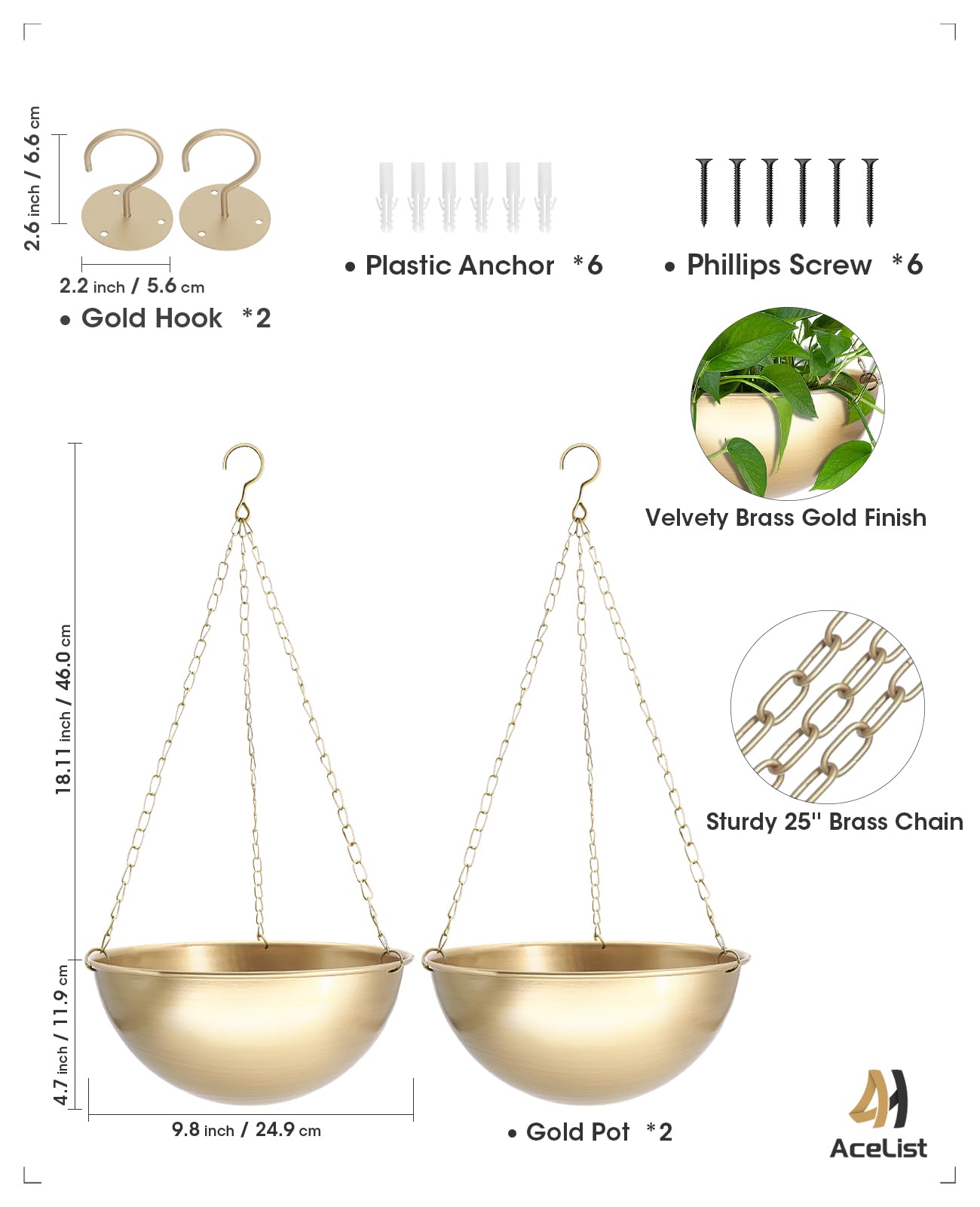AceList 2 Pack Gold Hanging Planter for Indoor Plants - 9.8 Inch Boho Metal Plant Hanger Indoor with Hooks, Hanging Plant Holder for Window and Ceiling