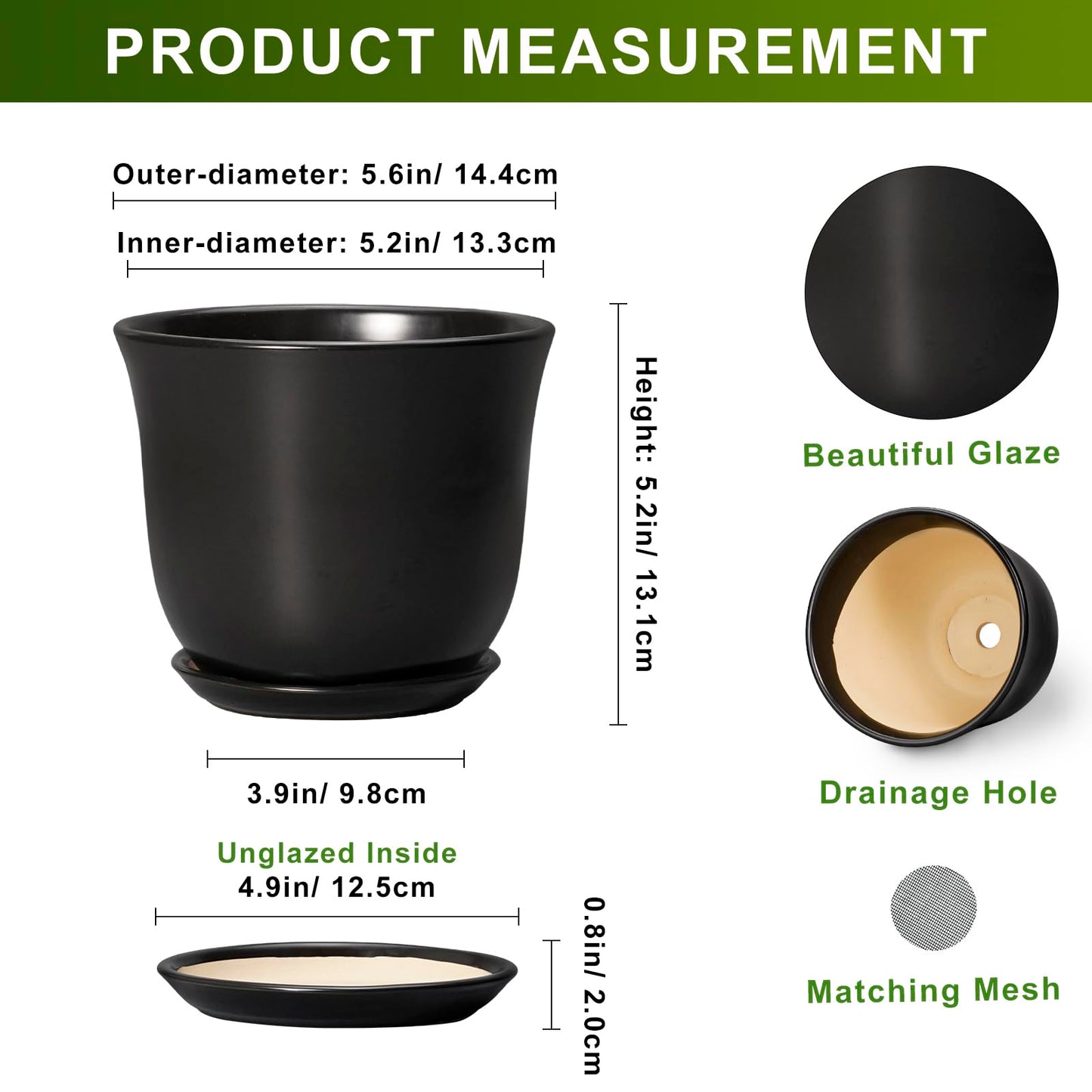 SUNPOTFOR Ceramic Planter - 5.6 Inch Plant Pot for Indoor Outdoor, Round Succulent Pots with Drainage Hole and Saucer, Orchid Flower Pot, Modern Planter, Home Office Decor, House Warming Gifts, Black