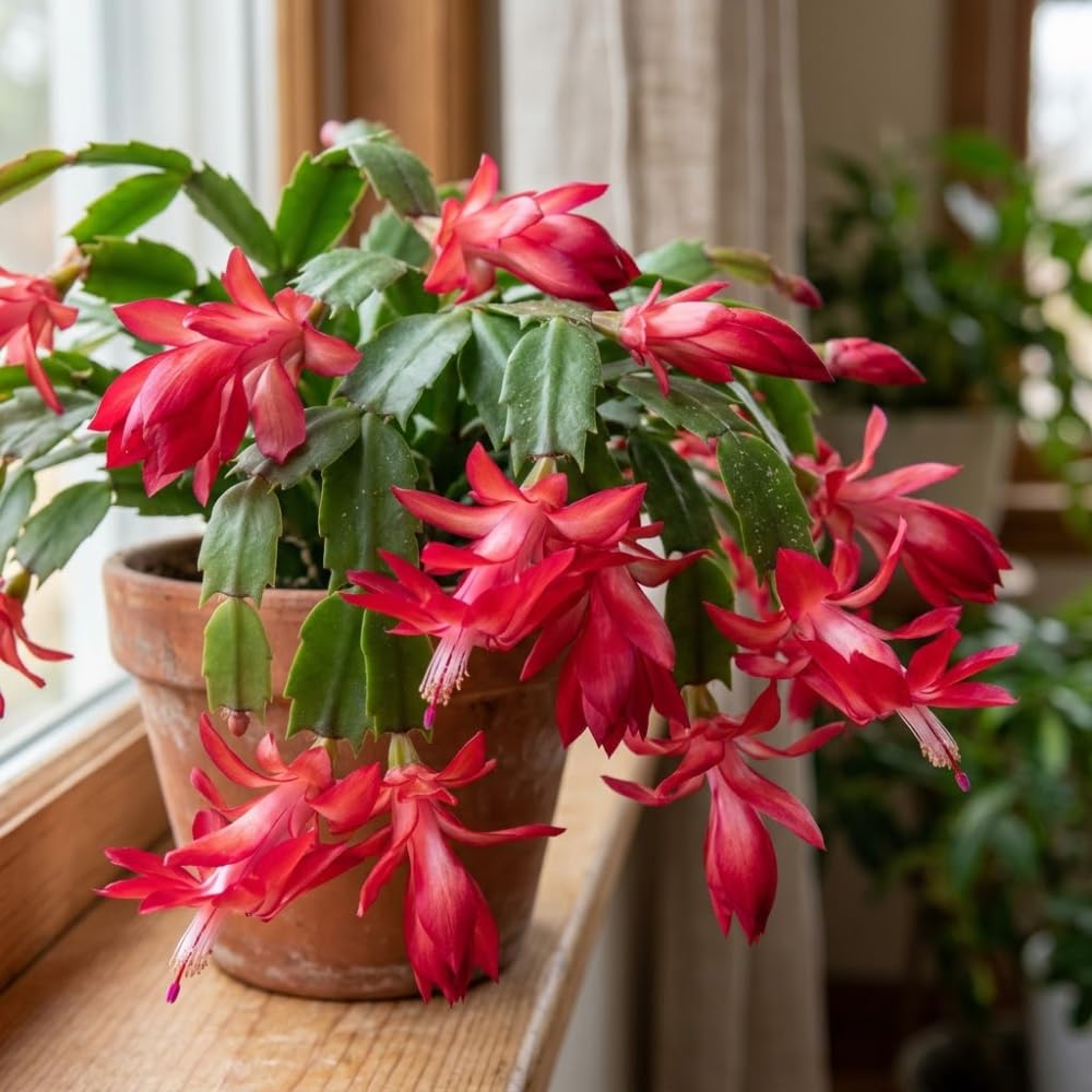 2 Red Christmas Cactus Live Plant, 5-6 Inch Tall, Easy to Care Indoor Winter Houseplant for Office Desk and Patio Decor, Vigorous Live Holiday Plant