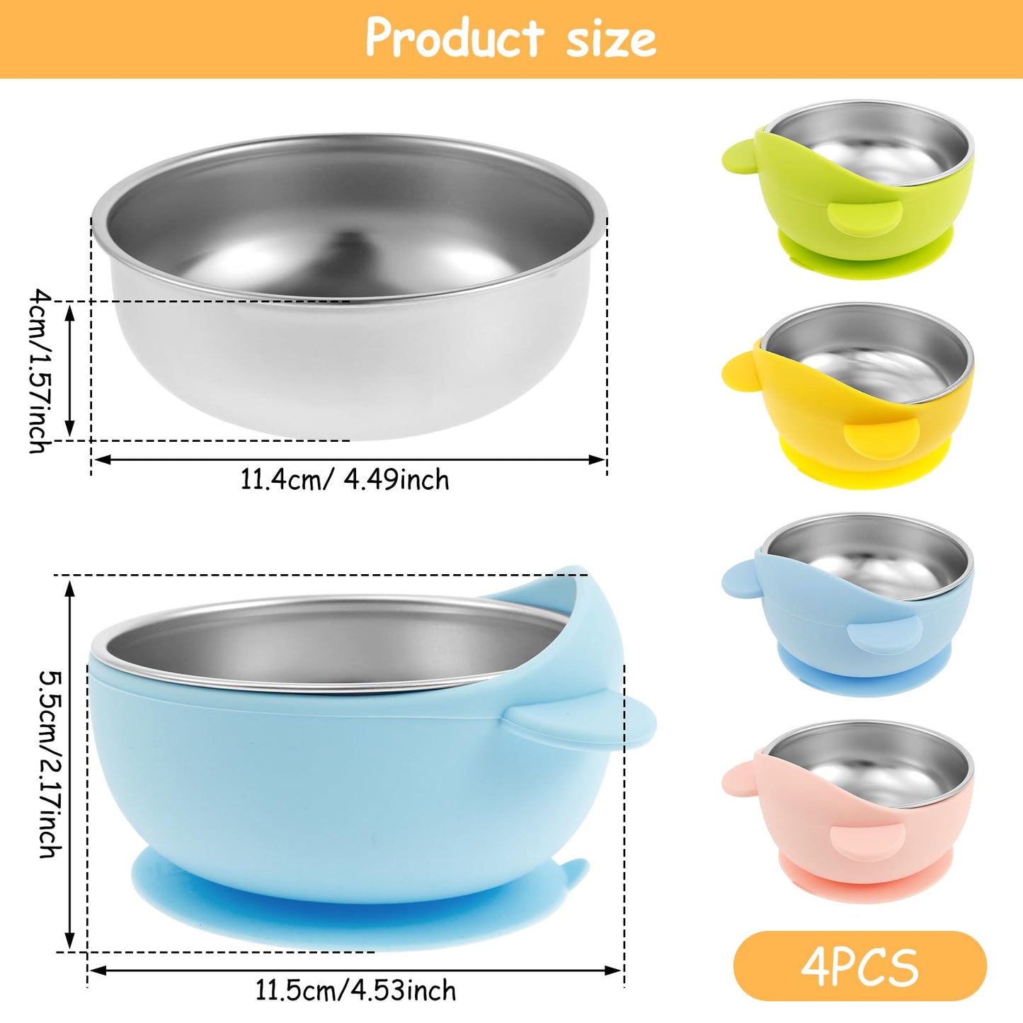 Stainless Steel Kids Bowls with Suction, Toddler Suction Bowls with Removable Silicone Shell, Anti Scald Snack Container, Baby Food Bowl for Feeding Soup Noodle Pasta Snack (Color A)