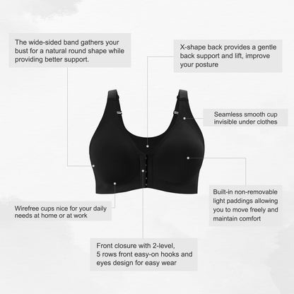 Starmiss Seamless Front Closure Bra for Women Posture Back Smoothing Wireless Brasieres, Black, L
