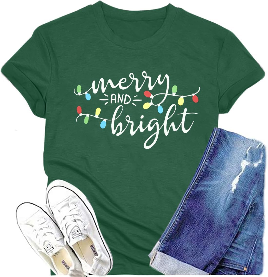 Christmas Shirts for Women Merry and Bright Shirt Xmas Holiday Tshirt Graphic Christmas Lights Tee Tops Green