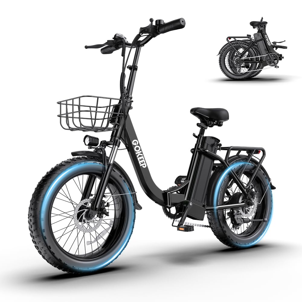 GOKEEP Folding Electric Bike, 1300W Peak Motor, 75 Miles PAS Range, 52V 13Ah Removable Battery, 20" Fat Tire & Front Suspension Electric Bicycles, 20MPH 7-Speed Commuter Ebike, UL2849 Certified, Black