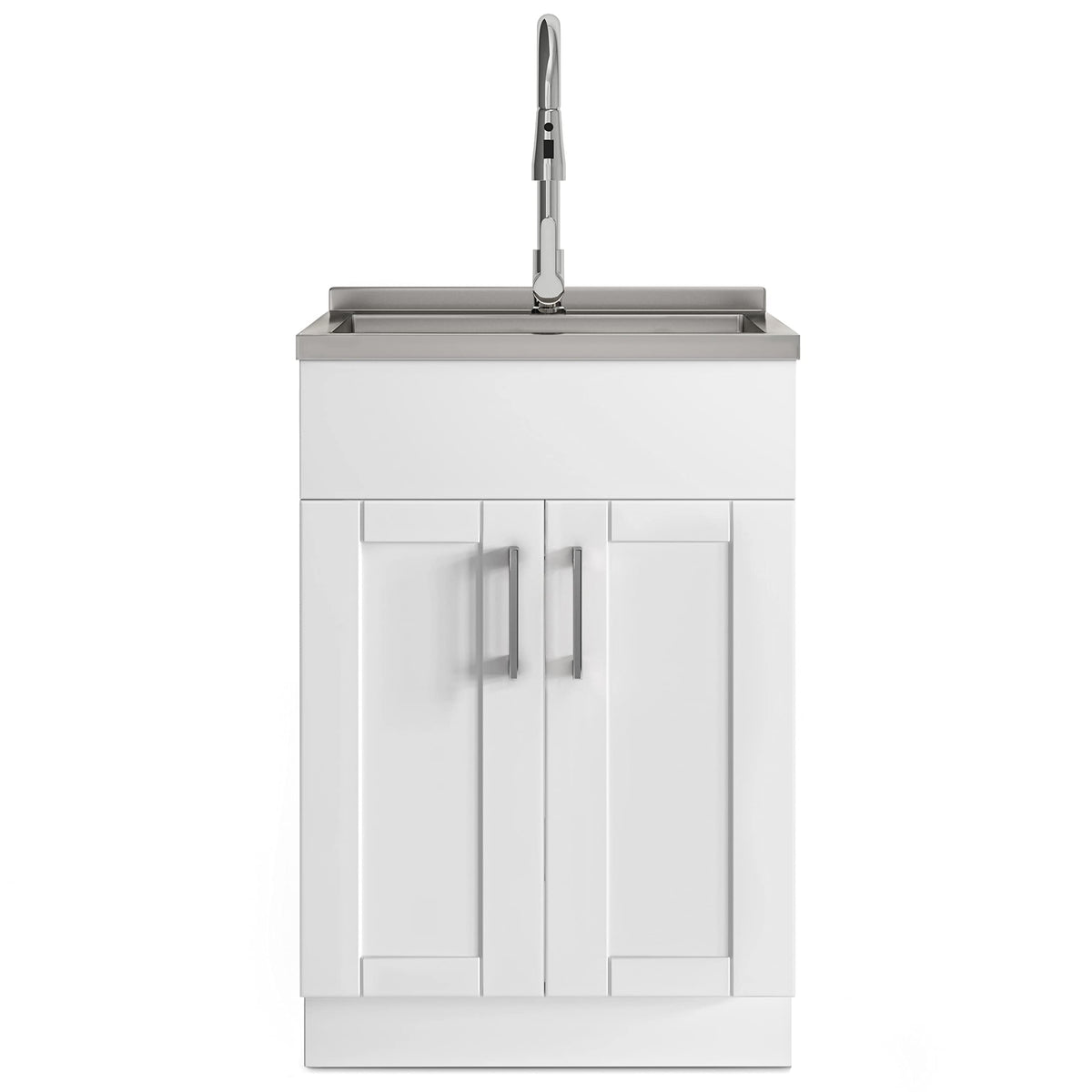 SIMPLIHOME Modern Wide Shaker All-in-One 24 inch Wide Utility Sink and Laundry Cabinet in Pure White Finish, Transitional Stainless Steel Sink Cabinet for Laundry Rooms with High-Arch Chrome Faucet