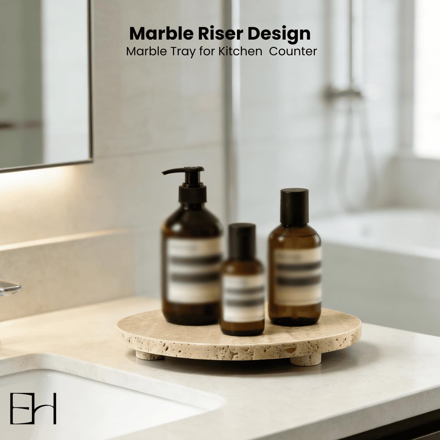 EXCHUES Beige Travertine Marble Riser - Round Pedestal Marble Trivet Vanity Tray with 3 Feet, Minimalist Stone Display Stand for Bathroom Counter, Kitchen, Perfume, Jewelry & Scented Candles (Middle)