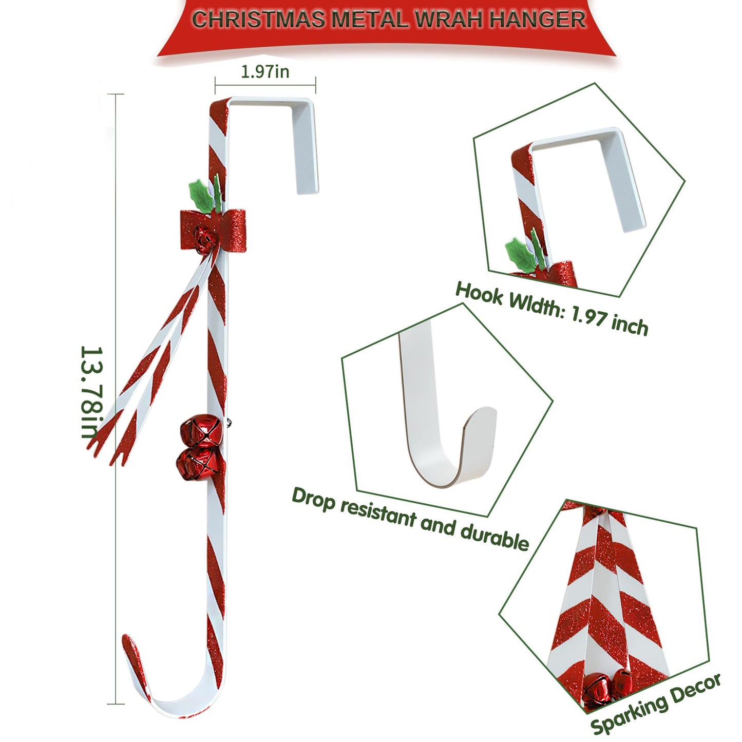 WKHOMEDECO 2 Pack Candy Cane Wreath Hangers for Front Door,Christmas Decoration Metal Over The Door Wreath Hanger Ornament,Door Wreath Hanger