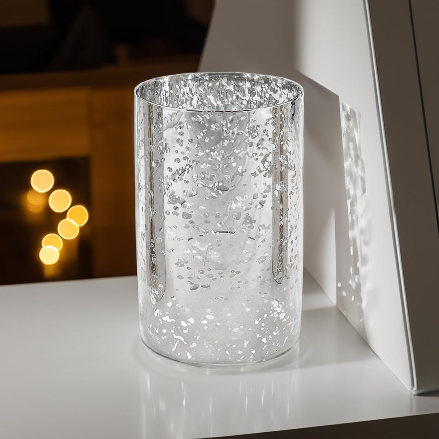 WGVI Hurricane Candle Holder Sleeve, W: 4", Ht: 6", Silver Speckled Glass Cylinder Open Both Ends, Chimney Tube Shade, 1 Piece