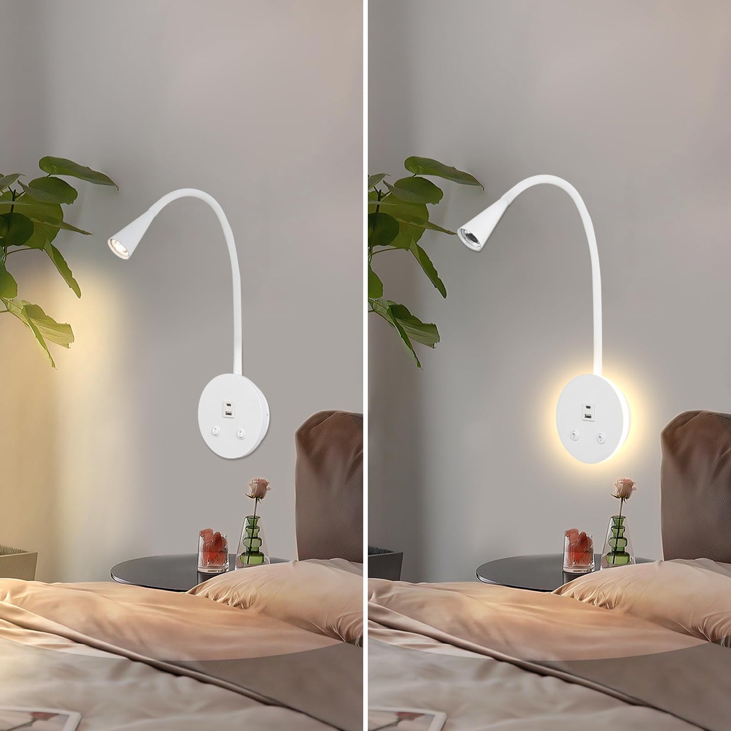 MOLUOLA LIGHTING Dimmable LED Wall Reading Lamp - Adjustable Gooseneck Book Light for Bed, USB + Type C Output, 2-in-1 Night Light & Spotlight, Compact Focused Lamp (White)