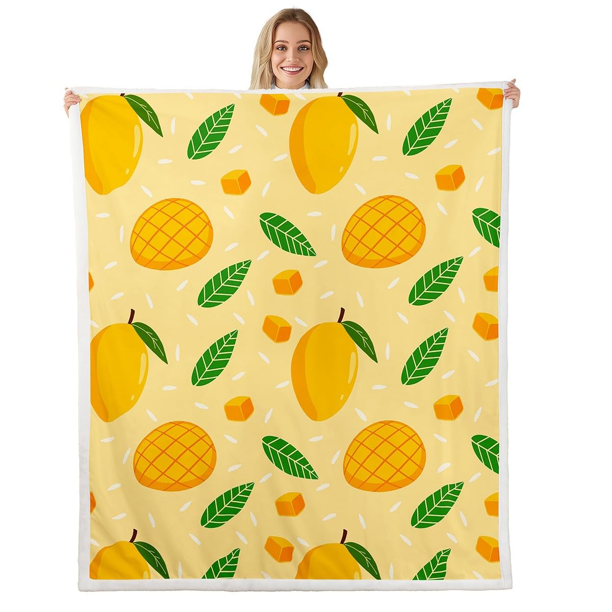 Feelyou Cartoon Mango Sherpa Throw Blanket - Sweet Fruit Plush, Botanical Leaves Fuzzy Blanket for Kids Boys Girls - Orange, 40x50 Inches