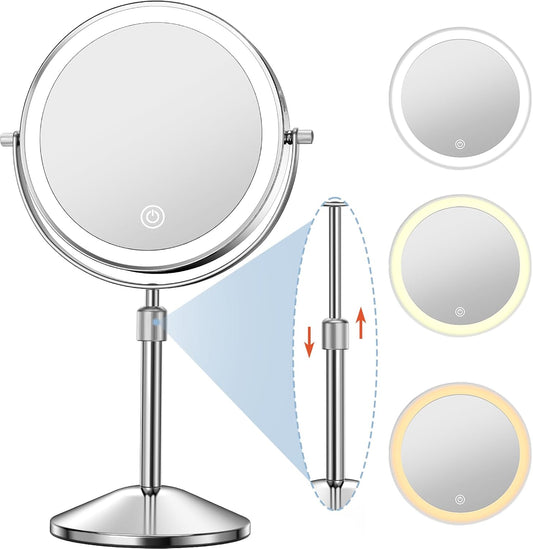 Vanity Mirror with Lights 7" Rechargeable 1x/10x Lighted Makeup Mirror Adjustable Height Double Sided Mirror with Lights 360°Rotating Makeup Mirror