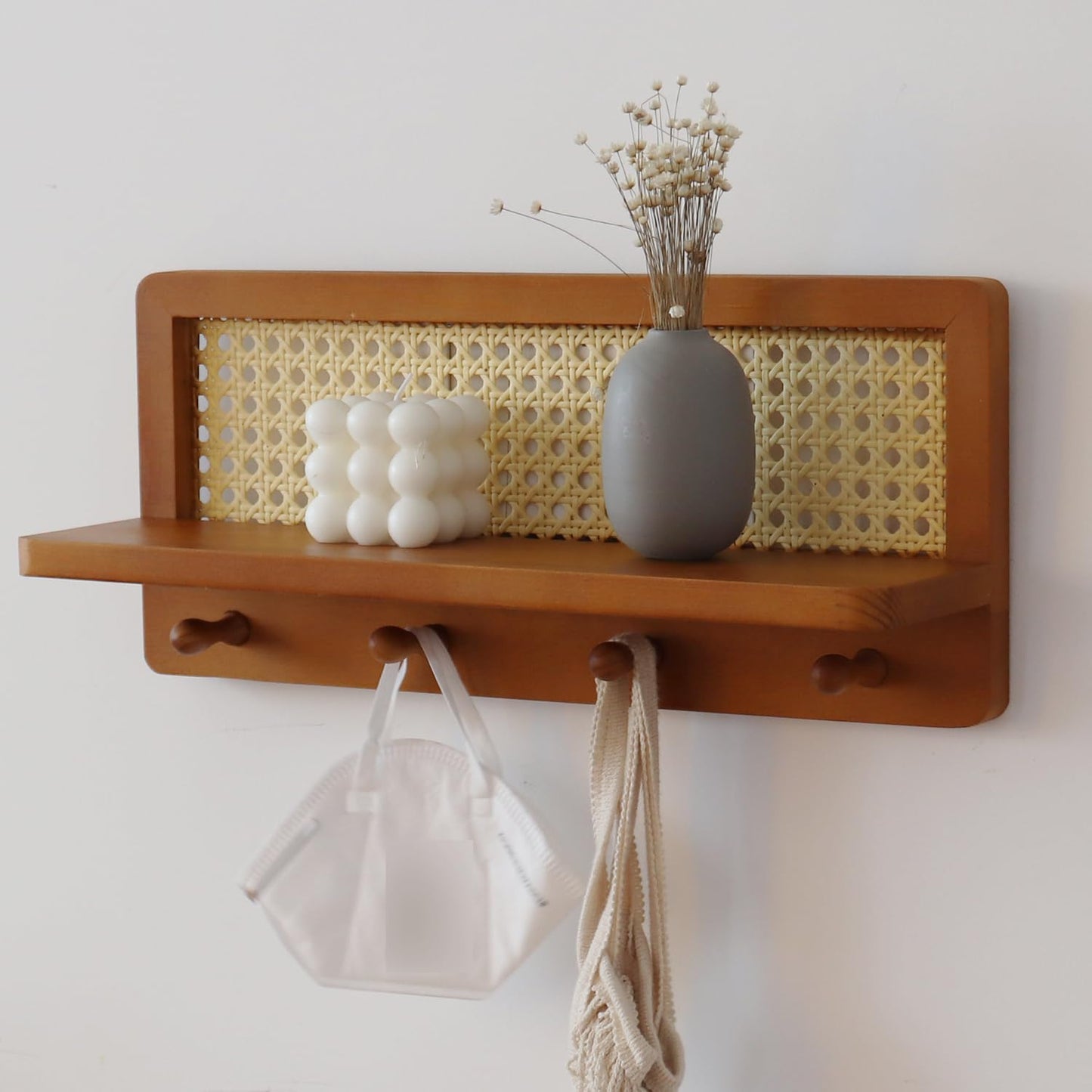 FRIADE PE Rattan Coat Rack Shelf Wall Mounted with 4 Hooks, Decorative Coat Hook Rack with Floating Shelf for Entryway, Nursery, Mudroom, Hallway, Kitchen, Office (Retro Brown)