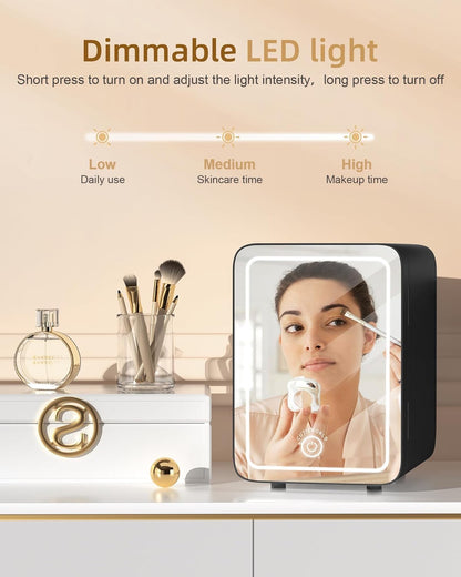 Skincare Fridge With Dimmable LED Light Mirror, 4L Mini Fridge For Desktop, Travel or Cool & Heat, Makeup Fridge for Cosmetics, Skin Care and Food, Green
