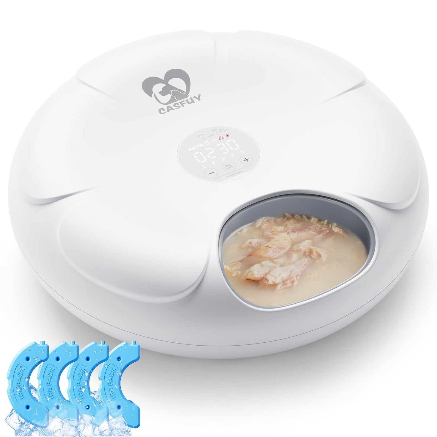 Casfuy Automatic Cat Feeder Cordless - Automatic Cat Food Dispenser for Wet Moist Food with 4 Ice Packs Rechargeable Auto Feeder for Cats Small Dogs with Programmable Timer Low Battery Indicator
