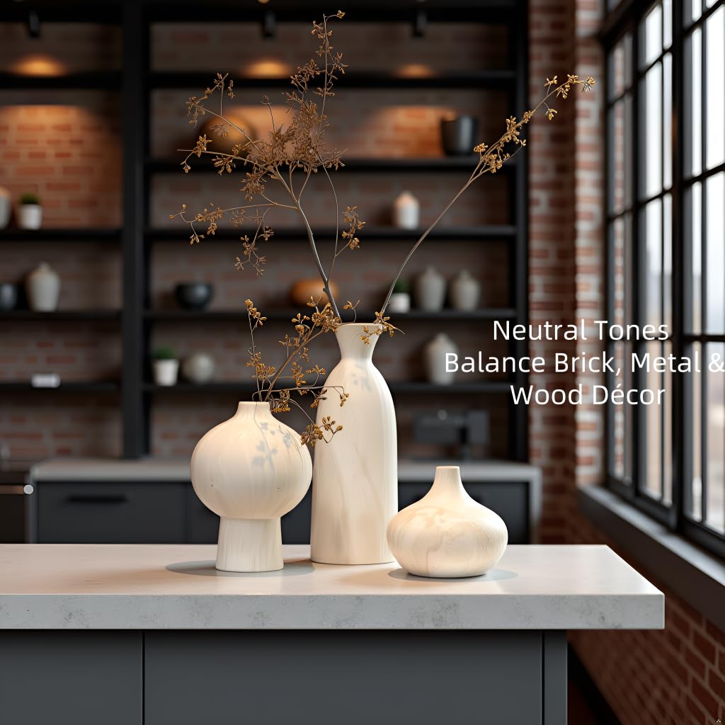 SincereLuxe White Ceramic Vase Set of 3 in Beige, Modern Aesthetic Stone-Look Textured Pottery Vases for Shelf & Bookshelf Home Decor, Neutral Minimalist Decorative Vases for Flowers & Pampas Grass