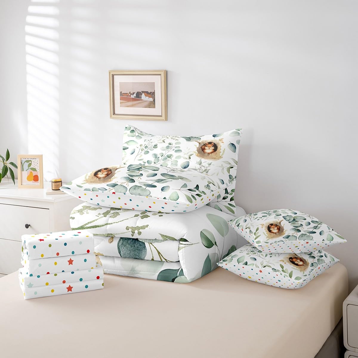 Erosebridal Kawaii Squirrel Bedding Comforter Sets 7pcs for Boys Girls Cartoon Animal Bed in a Bag, Eucalyptus Leaves King Bedding Sets Jungle Wildlife Comforter Set, Tropical Botanical Bedding Sets