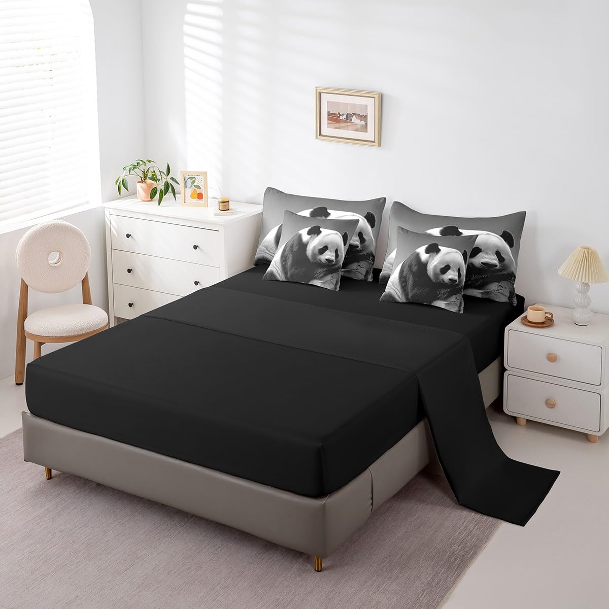 Feelyou Kids Cute Panda 7 PCS Comforter Set with Sheets King Size Boys Girls Panda Bed in a Bag Animal Bed in a Bag with Comforter, Sheets, Pillowcases & Cushion Cover