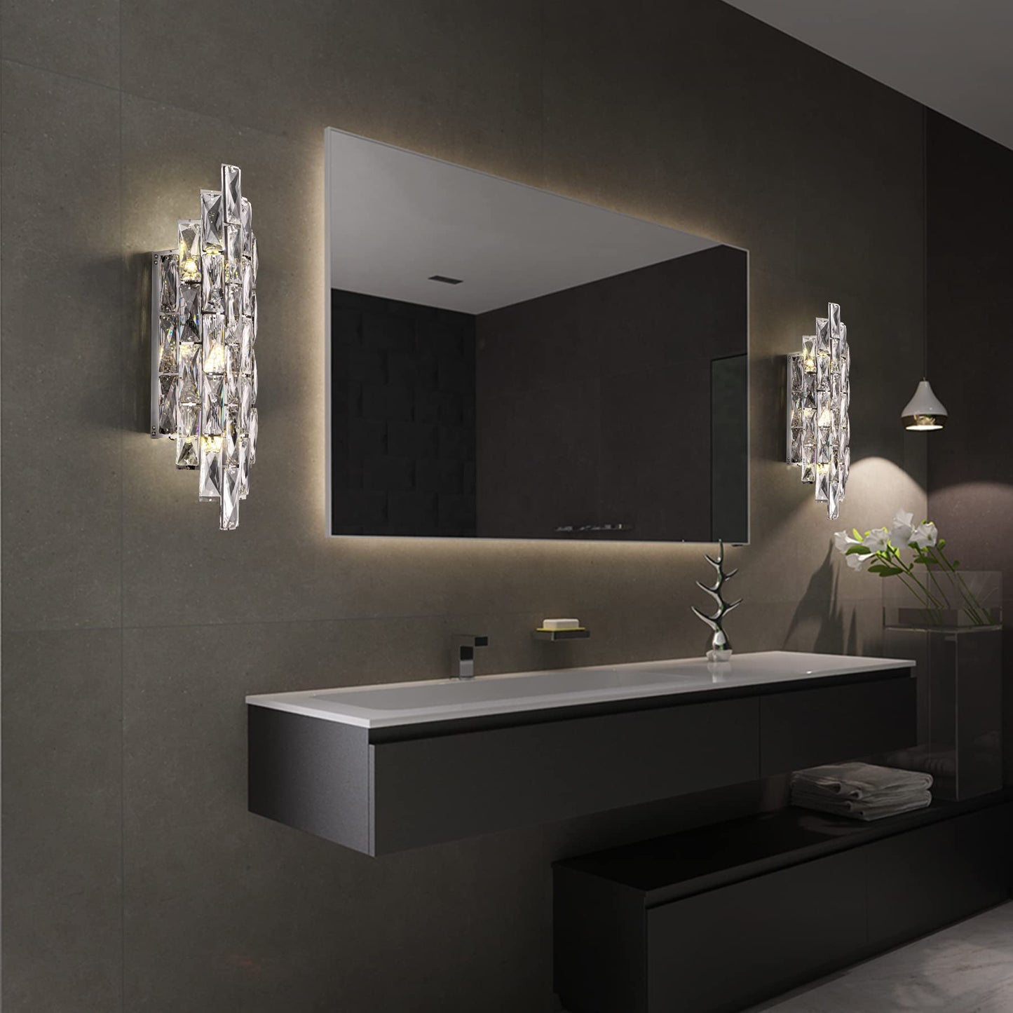 Modern Crystal Chrome Wall Sconces, Wall Light Fixtures, Indoor Wall Lamp, Vanity Wall Mount Lamps for Living Room Bedroom Bathroom Bedside Hallway Stairway