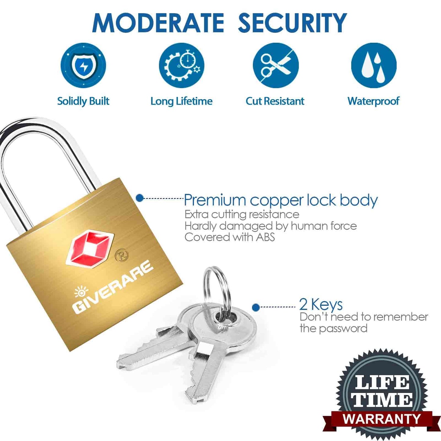 4 Pack TSA Approved Travel Luggage Locks with Keys, Solid Brass Copper Keyed Padlock, Small Locks for Suitcase, Backpack, Gym Locker, Jewelry Box, Gold-by GIVERARE