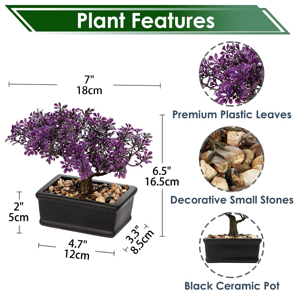 Artificial Bonsai Tree Juniper Faux Plants Indoor Fake Plants Decor with Black Ceramic Pots for Home Table Office Desk Bathroom Shelf Bedroom Living Room Farmhouse Decorations-Purple