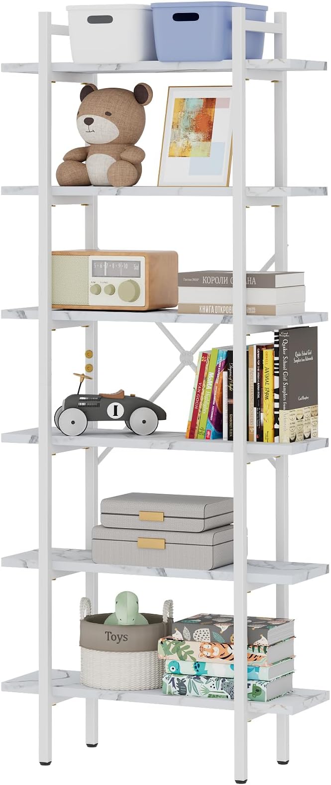 Bookshelf 6 Tiers White Wooden Storage Shelf, Modern Open Display Storage