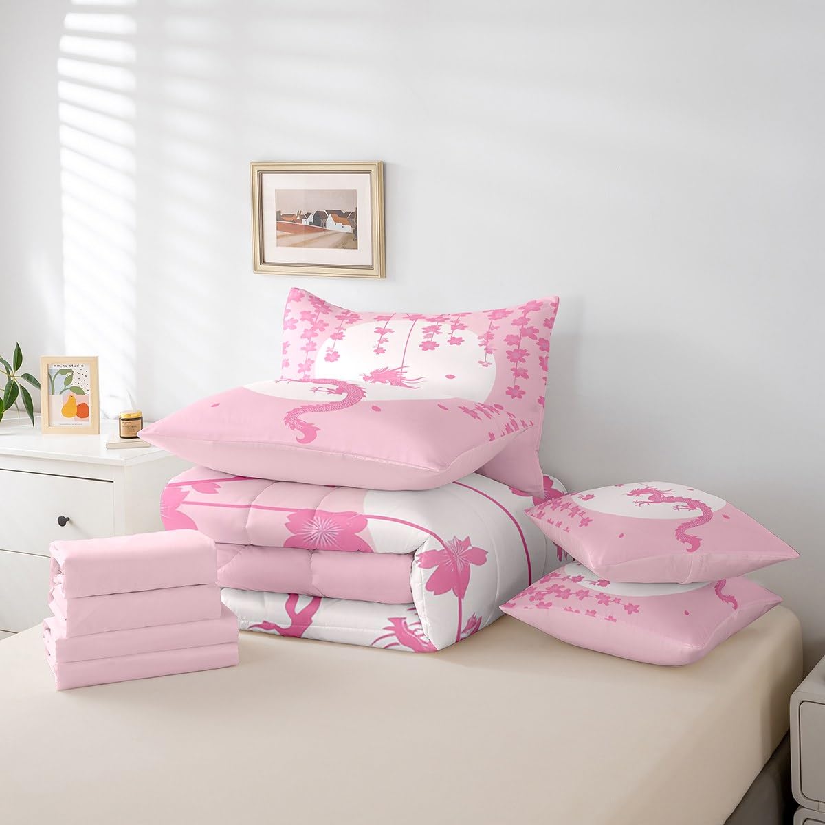 Erosebridal Pink White Kawaii Bedding Set for Kids Girls Teen Women,Fantasy Animal Dragon Twin Comforter Set 7 Piece Magical Wildlife Bed in A Bag Aesthetic Romantic Cherry Blossom Bed Set