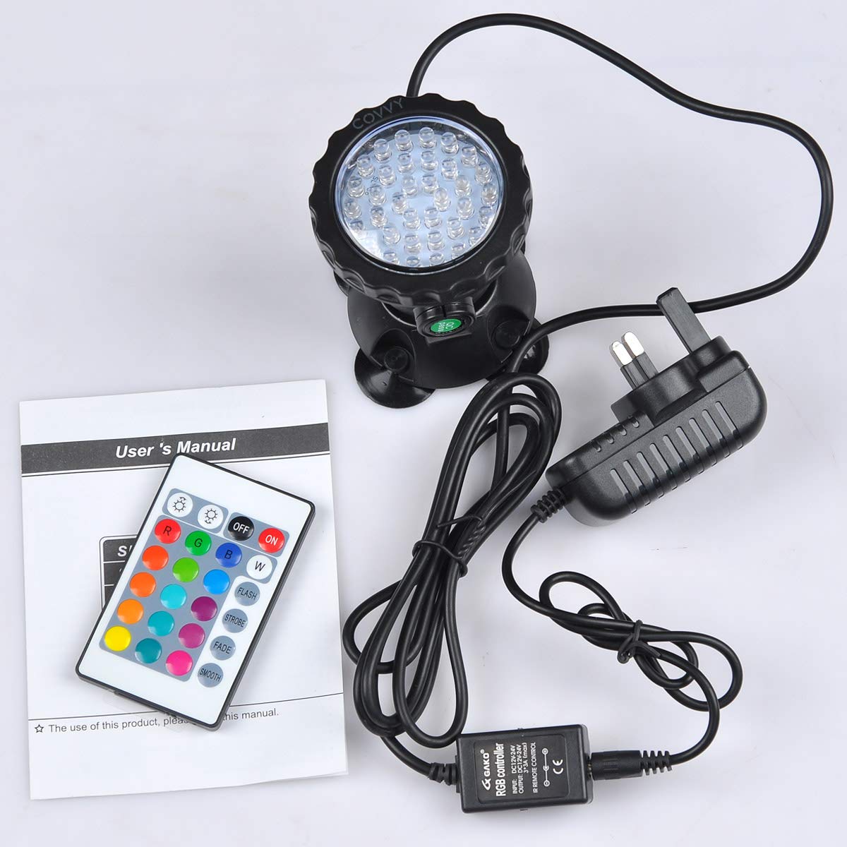 COVVY Waterproof Underwater Spot Lights Multicolour RGB Aquarium Lights with Remote Control for Garden Pond Fish Tank Swimming Pool,UK Plug (Set of 1 Light)