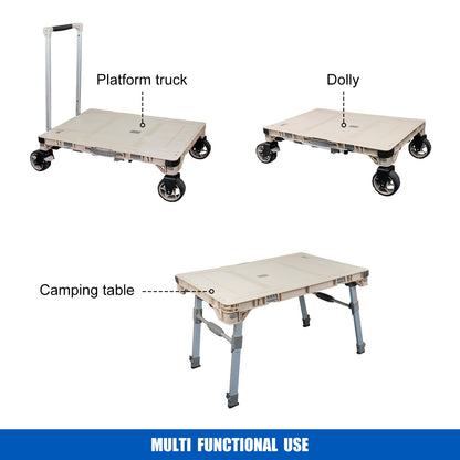 APOXCON 3-in-1 Camping Table Cart Multi-Purpose Used as Picnic Table & Dolly Cart & Platform Truck with Swivel Wheels for Camping Travel Shopping Outdoor