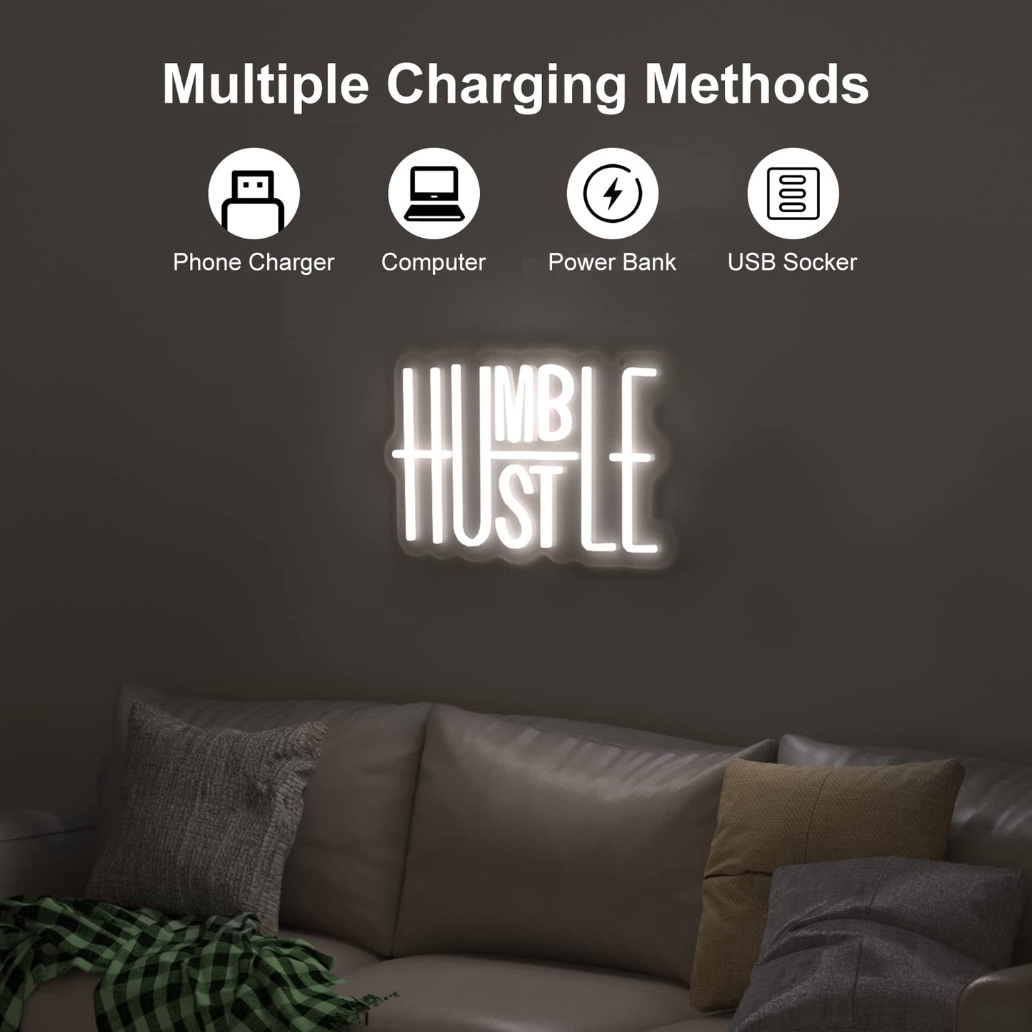 Hustle LED Neon Sign for Wall Decor, Words LED Neon Lights Party Decorations, USB Powered Switch Brightness Adjustable for Office Room, Gym Room, Man Cave, Gamer Room Decor (Hustle (White))