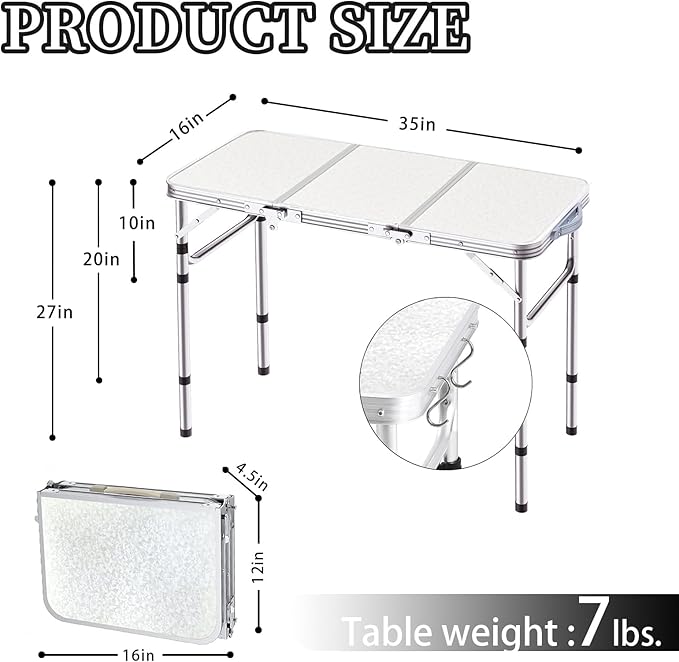 Yriuat Folding Camping Table 3ft Portable Picnic Table Adjustable Height Small