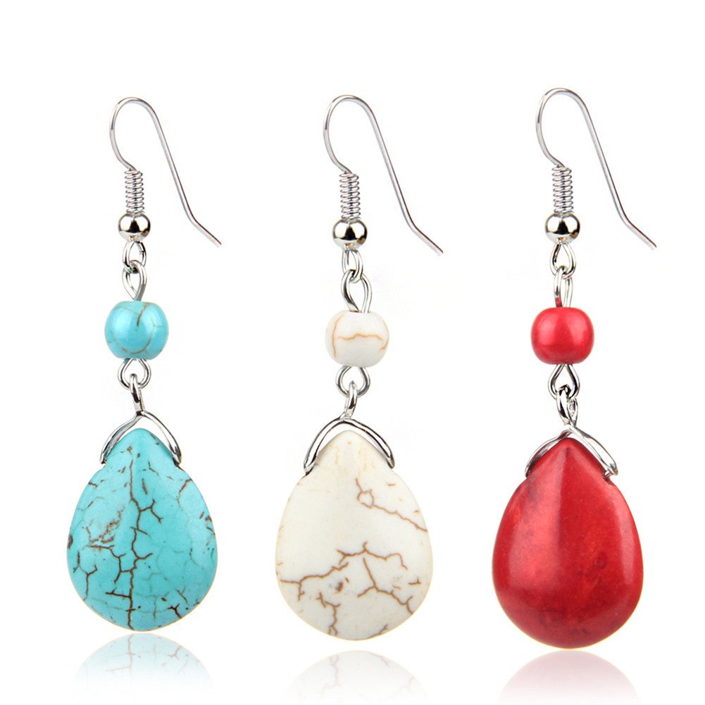 4th of July Earrings Blue Turquoise Drop Earrings Double Stone Round Bead Independence Day Dangle Earring for Women Fashion Jewelry Gift­ (E:blue)