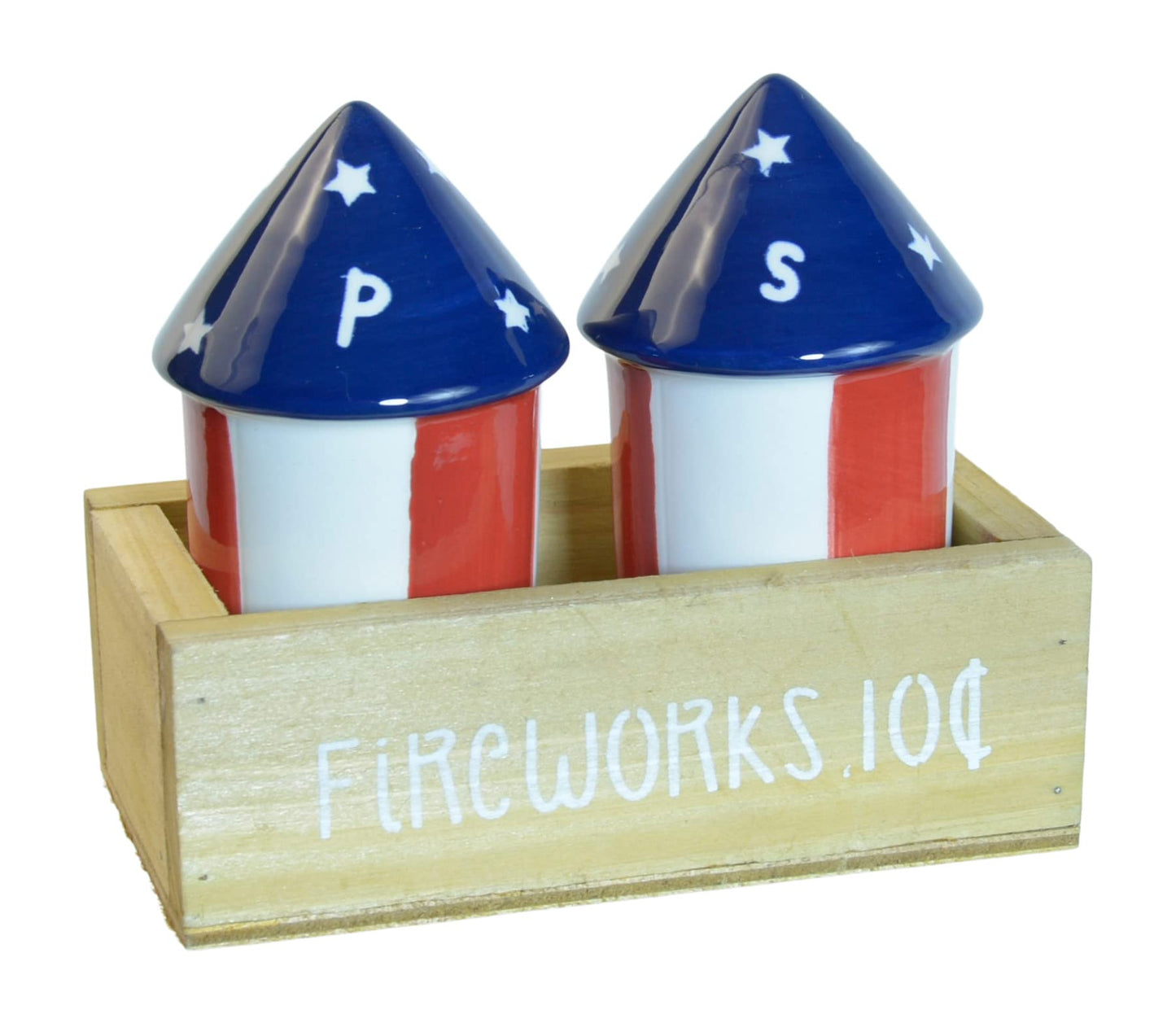 Firecracker 4th of July Salt and Pepper Shaker Set - Patriotic Red, White and Blue Ceramic Salt and Pepper Shakers With Wood Crate Holder