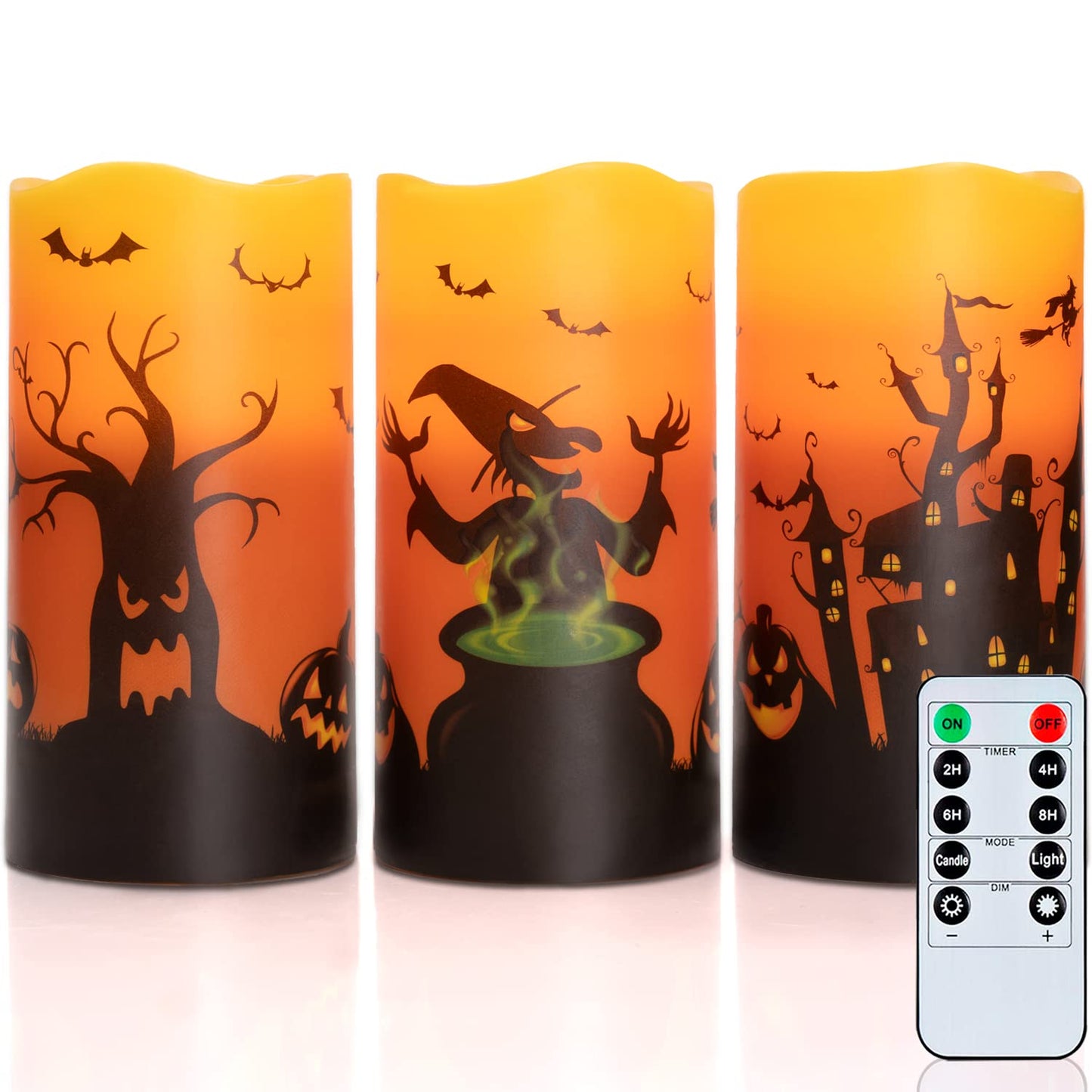 Homemory Halloween Candles, Orange Flameless Candles, Real Wax Flickering Battery Operated LED Pillar Candles with Remote Timers for Halloween Spooky Decoration, Day of The Dead, 3”x6”, Set of 3