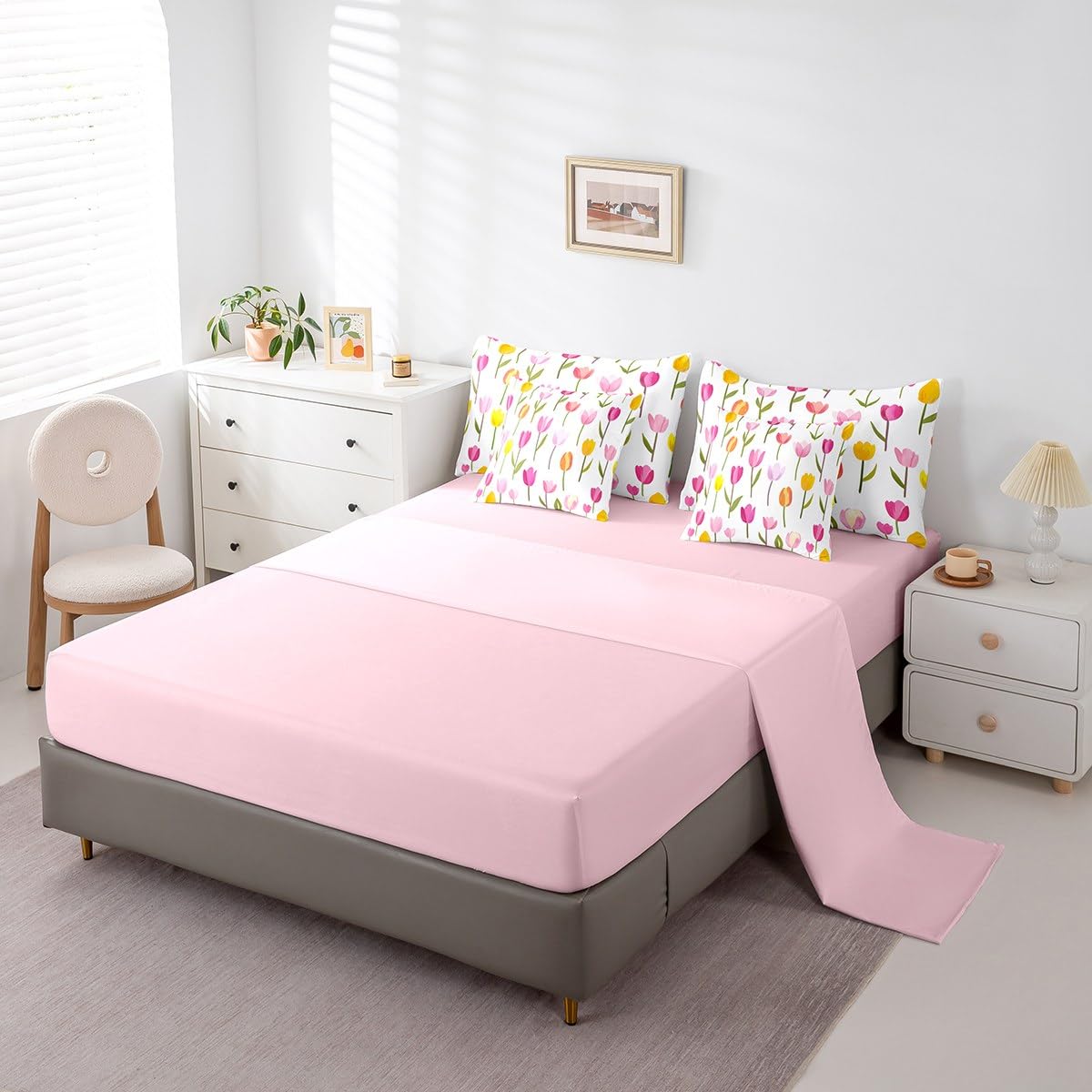 Erosebridal Tulips King Comforter Set 7 Piece for Kids Teen Women,Pink Yellow Tulips Flowers Bedding Set,Spring Summer Plants Floral Bed in A Bag Romantic Watercolor Botanical Bed Set