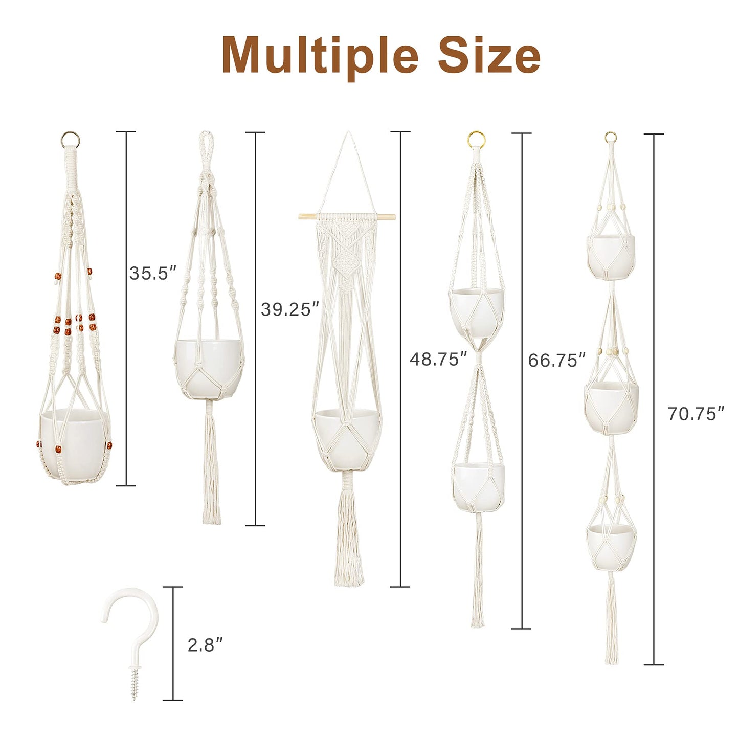 Augshy Macrame Hanging Planter, Set of 5 Plant Hanger Baskets, Handmade Flower Pot Holder for Home Indoor Outdoor Decor with 5 Pcs Ceiling Hooks(White)