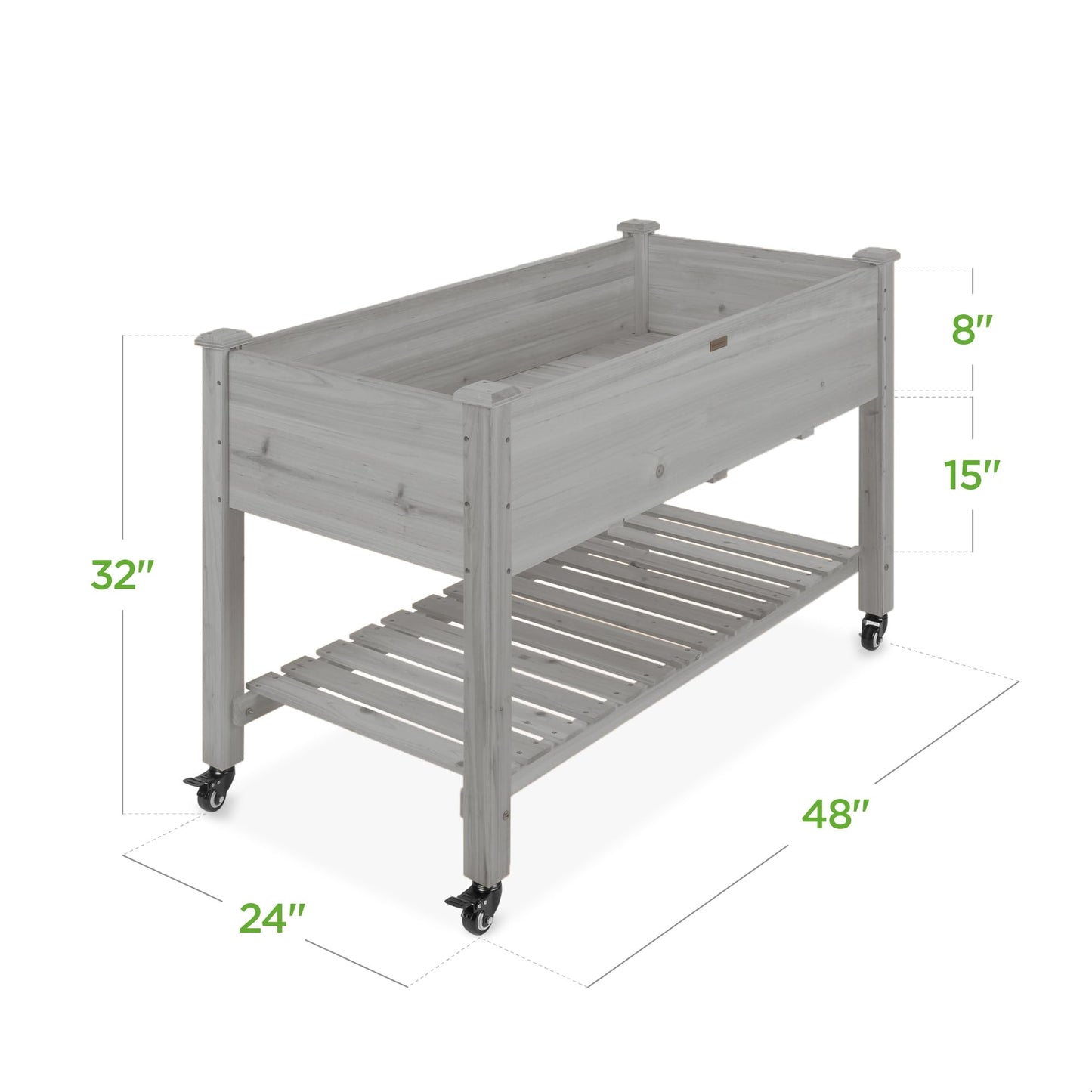 Best Choice Products Raised Garden Bed 48x24x32-inch Mobile Elevated Wood Planter w/Lockable Wheels, Storage Shelf, Protective Liner - Gray
