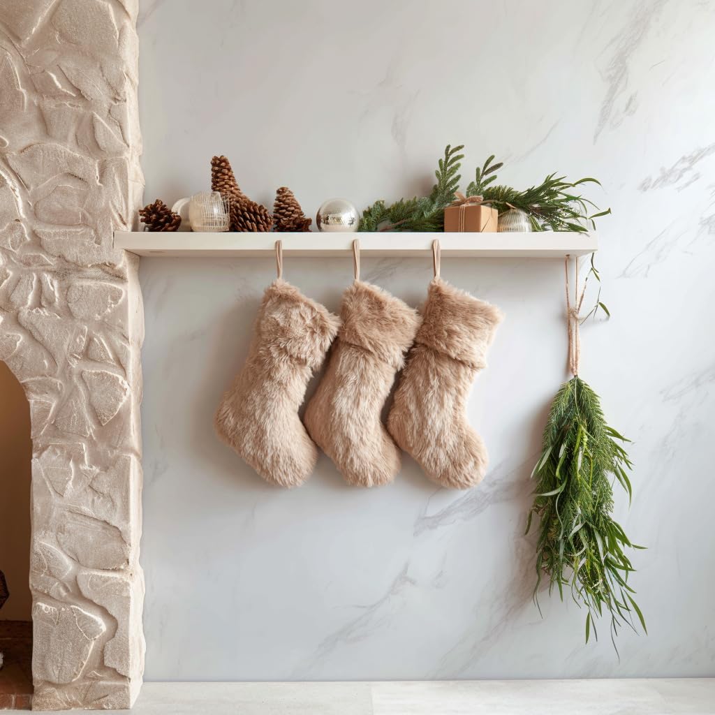 AOGU 3 Pack 19 Inch Beige Christmas Stockings Faux Fur Xmas Christmas Stockings Hanging Ornaments Candy Gift Bags for Christmas Decorations