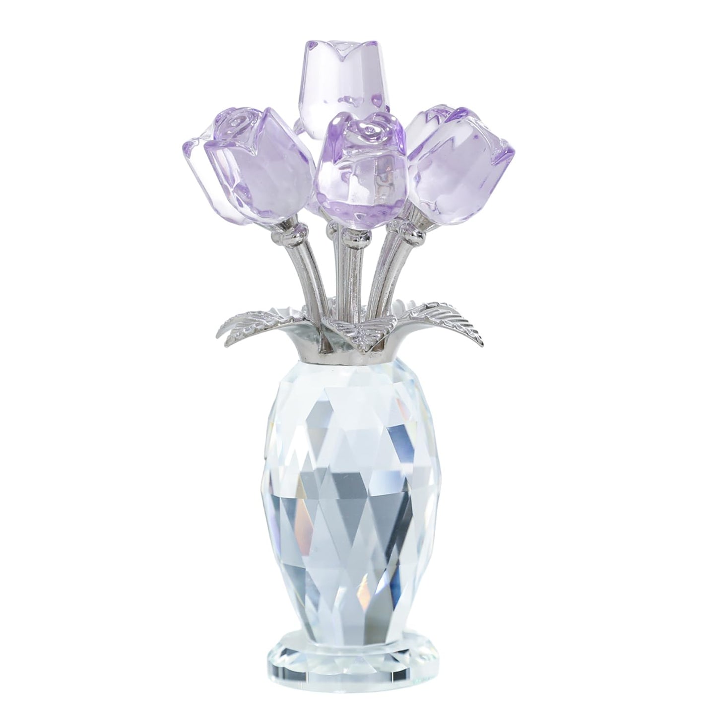 MysticGlitz Purple Crystal Rose Figurine in Faceted Vase - Hand-Polished 5.7" Glass Flower Statue Home Decor - Forever Rose Collectible for Mothers Day, Birthday, Wedding for Her