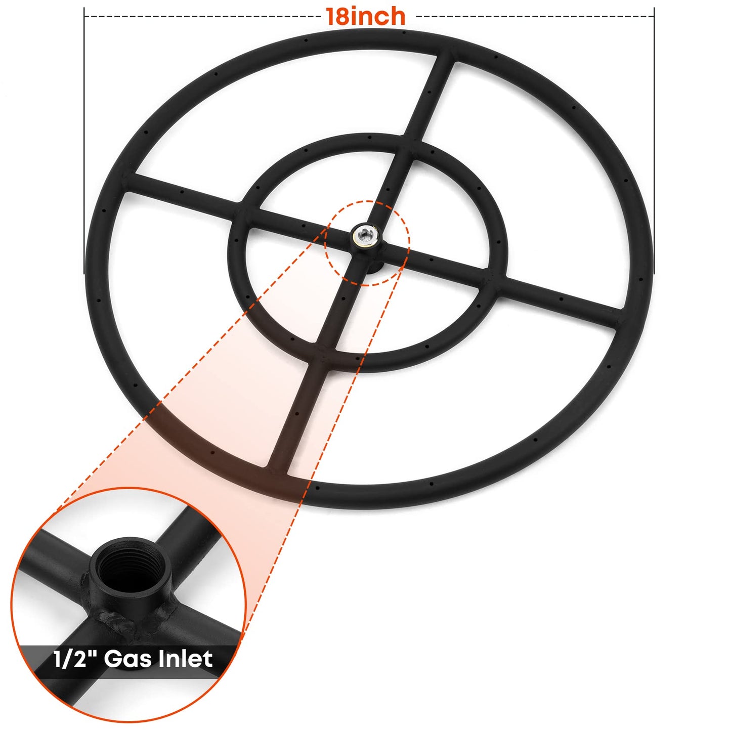 Stanbroil Natural Gas Fire Pit Burner Ring Installation Kit, Black Steel, 18-inch