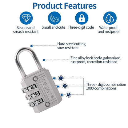 RESET-071 Mini Combination Lock, Small 3 Digit Padlock for Gym Locker, Travel Luggage Lock, Resettable No Key Lock for Backpack, Zipper, Suitcase, Sliver, 2 Pack