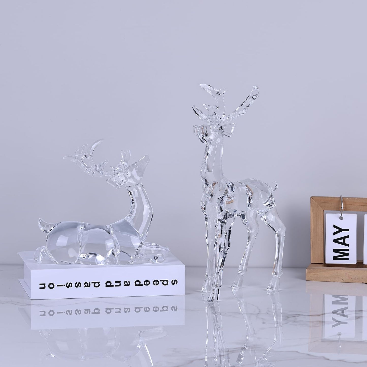 Deluxe Acrylic Christmas Deer Figurines Set of 2, White Clear Reindeer Figurines, Deer Statue and Sculpture for Holiday Reindeer Christmas Indoor Decoration Table Top High End Clear Crystal Finish