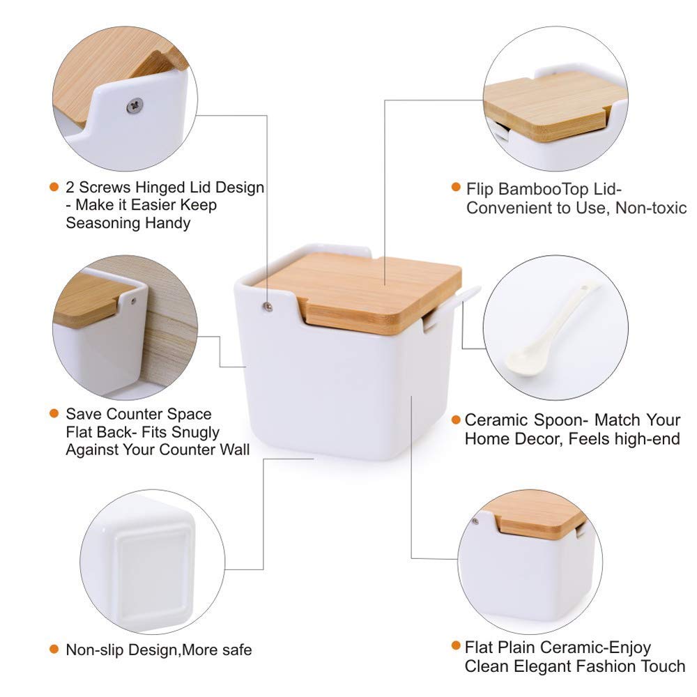 Lucky Goddness Ceramic Sugar Bowl Salt Box with Spoon and Bamboo Flip Top Lid, 9 fl oz Pepper Container Flour Box Holder Earthenware Bowl White for Housewarming Gift