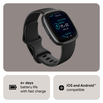 Google Fitbit Versa 4 Fitness Smartwatch with built-in GPS and up to 6 days battery life - compatible with iOS 15 or higher & Android OS 9.0 or higher, Black/Graphite