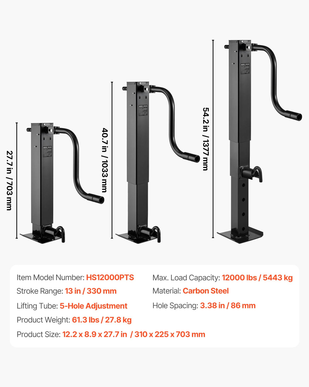 VEVOR Heavy-Duty Trailer Jack, 12,000 lbs Load Capacity, Sidewind Square Direct Weld-on Trailer Jack with Handle Crank, Adjustable Drop Leg, 26-Inch Travel for Lifting RV, Utility, Yacht Trailers